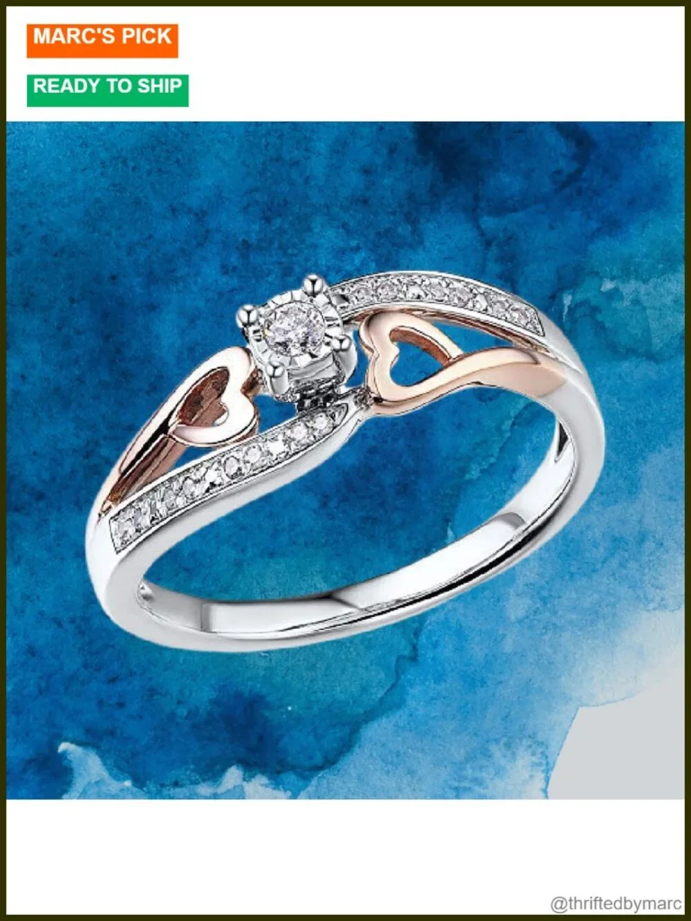 10K Rose Gold & Sterling Silver Diamond Promise Ring 1/10 Carat Halo Heart